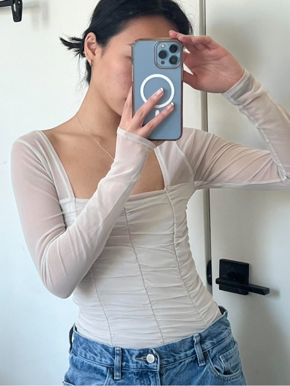Abercrombie Long-Sleeve Ruched Square-Neck bodysuit - Cream